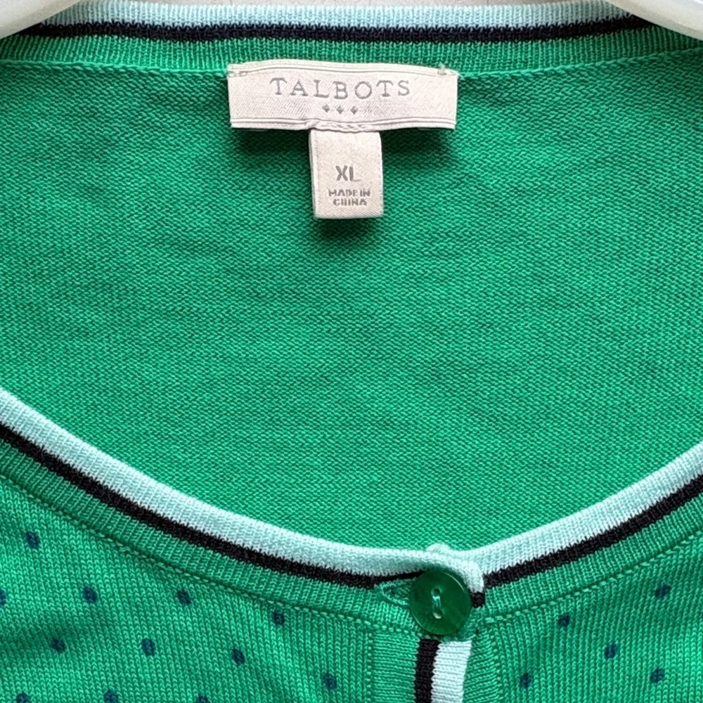 Talbots Green Cardigan w/Polkadots - Picture 3 of 9